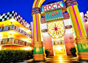 View of Giant Jukebox entrance to the Rock Inn Section at Disney All Star Music Resort