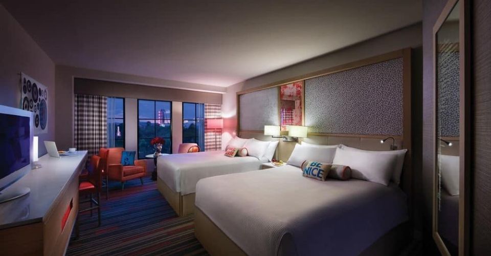 View of Standard Room with 2 queen beds overlooking Universal Orlando at the Hard Rock Hotel 960