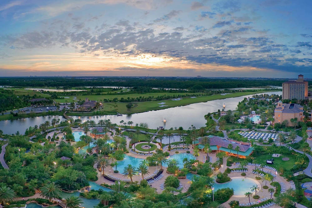 Lazy river with pools and coves with view of The Sancuary in the middle from above at the JW Marriott Orlando Grande Lakes Water Park 1000