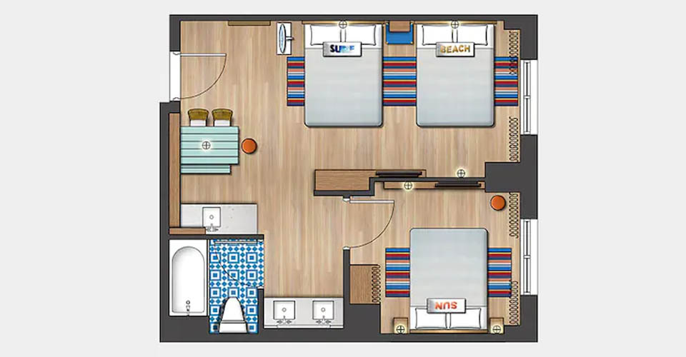 Floorplan of the 2 Bedroom Suite at the Universal Endless Summer Resort Surfside Inn and Suites 960