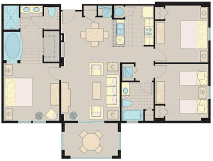 Floorplan of the 3 Bedroom Suite at the Lake Buena Vista Village Resort and Spa in Orlando Fl