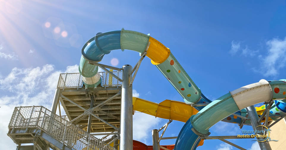 a glance at a tall enclosed water slide from the bottom up