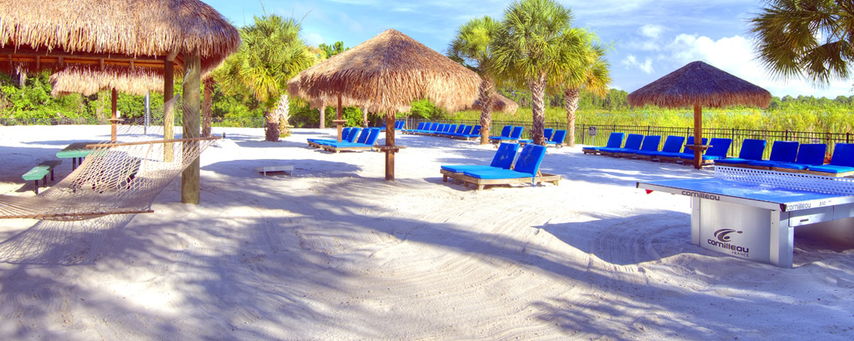 White Sandy Beach with comfortable Lounge Chairs, Hammocks and Ping Pong at the Bahama Bay Resort in Orlando 1200
