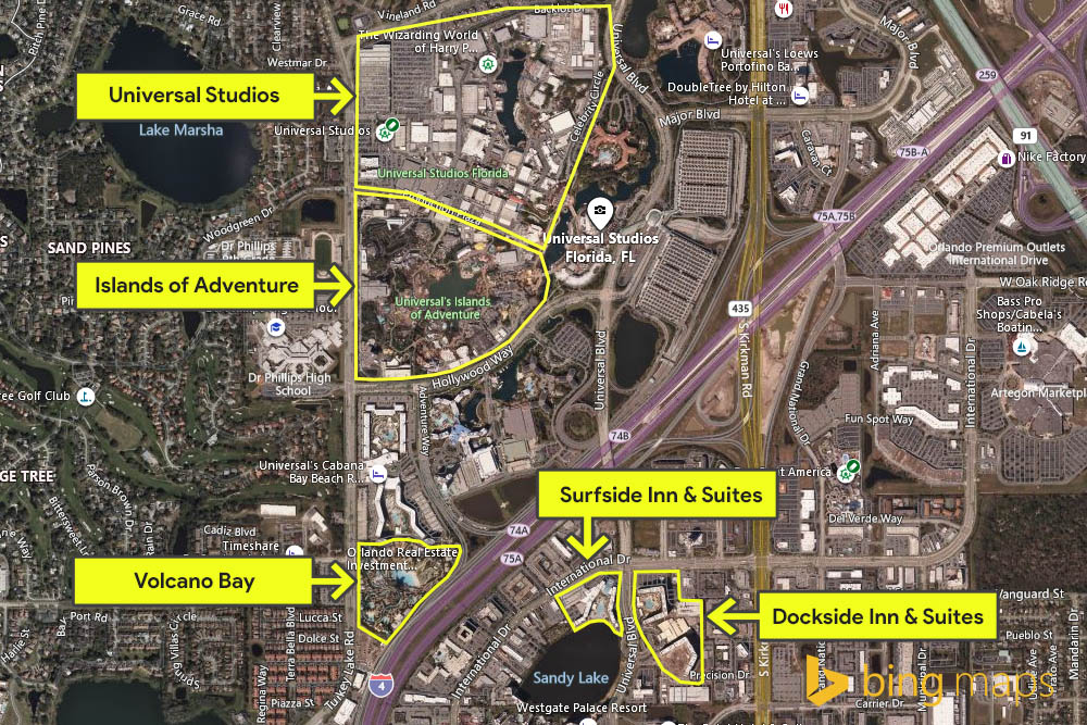 Bing Map showing the location or the Endless Summer Resort Surfside Inn and Dockside Inn location with Universal Parks 1000