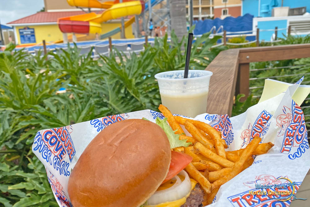 a burger with all the fixin's at Rikki Tiki Tavern, Treasure Cove Water Park