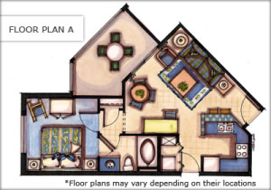 Floor plan A One Bedroom Villa at the Calypso Cay Resort in Orlando