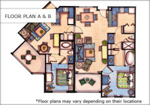 Floor plan A-B Two Bedroom Villa at the Calypso Cay Resort in Orlando