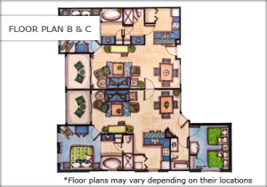 Floor plan B-C make up the Three Bedroom Villa at the Calypso Cay Resort in Orlando
