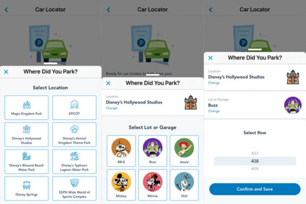 Car locator screens on the Disney My Experience App 1000