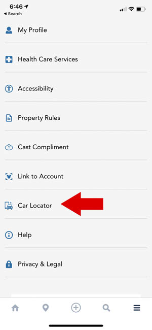 Car locator in the main menu of the Disney World App 300