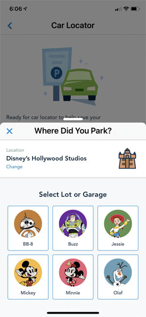 Car locator manual selection list of lots or parking garage in the Disney World App 300