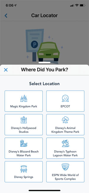 Car locator manual selection list of Disney Park in the Disney World App 300