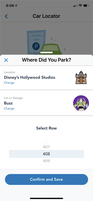 Car locator manual selection list of rows in the Disney World App 300
