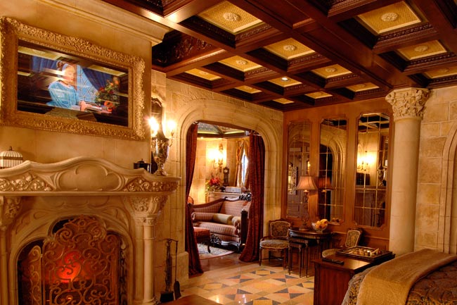 View of the fireplace and television in the bedroom at the Cinderella Suite at Disney World