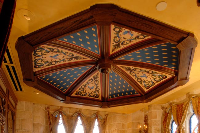 The living room ceiling, wood inlay at the Cinderella Suite at Disney World