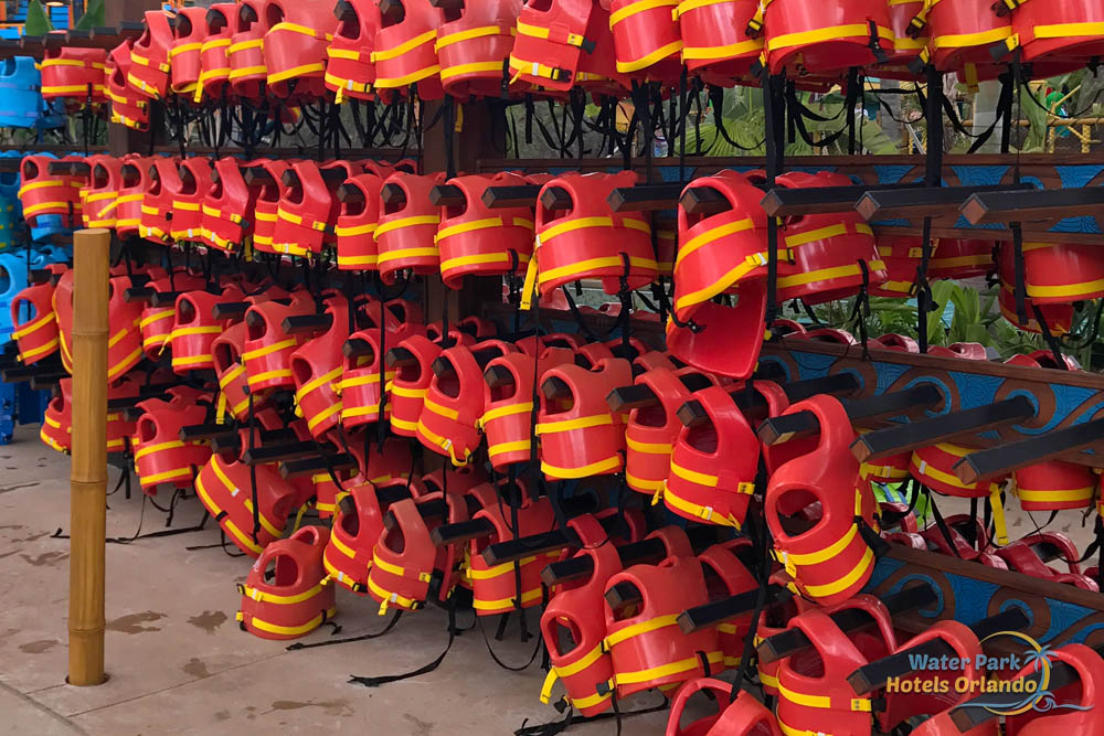 Close up of life vests at the Universal Florida Volcano Bay Water Park 1000