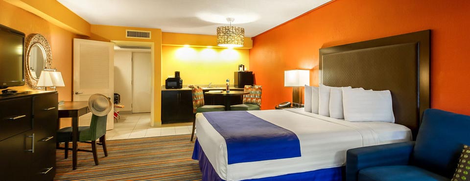View of a Deluxe King Room with Sleeper Sofa at the Coco Key Hotel and Water Park in Orlando Fl