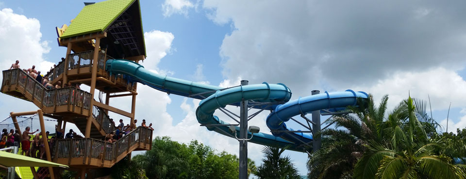 View of the tower at the start of the Commerson Dolphin Water Slide at SeaWorld Aquatica in Orlando wide