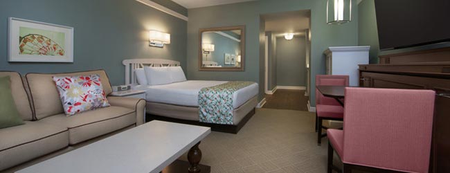 View of the Living Space and Bedroom in one of the Deluxe Studios at the Disney Boardwalk Inn Vacation Club Villas