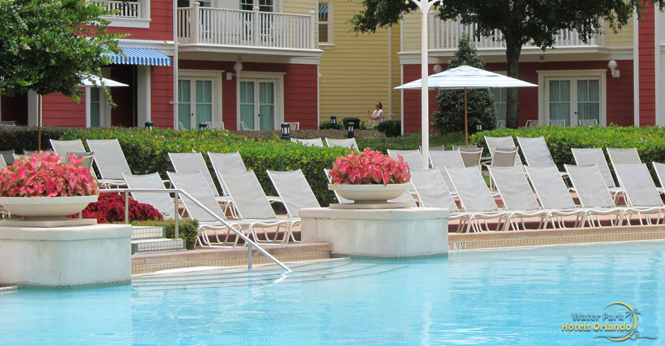 Plenty of lounge chairs at the at the Quiet Pool Disney Boardwalk Inn