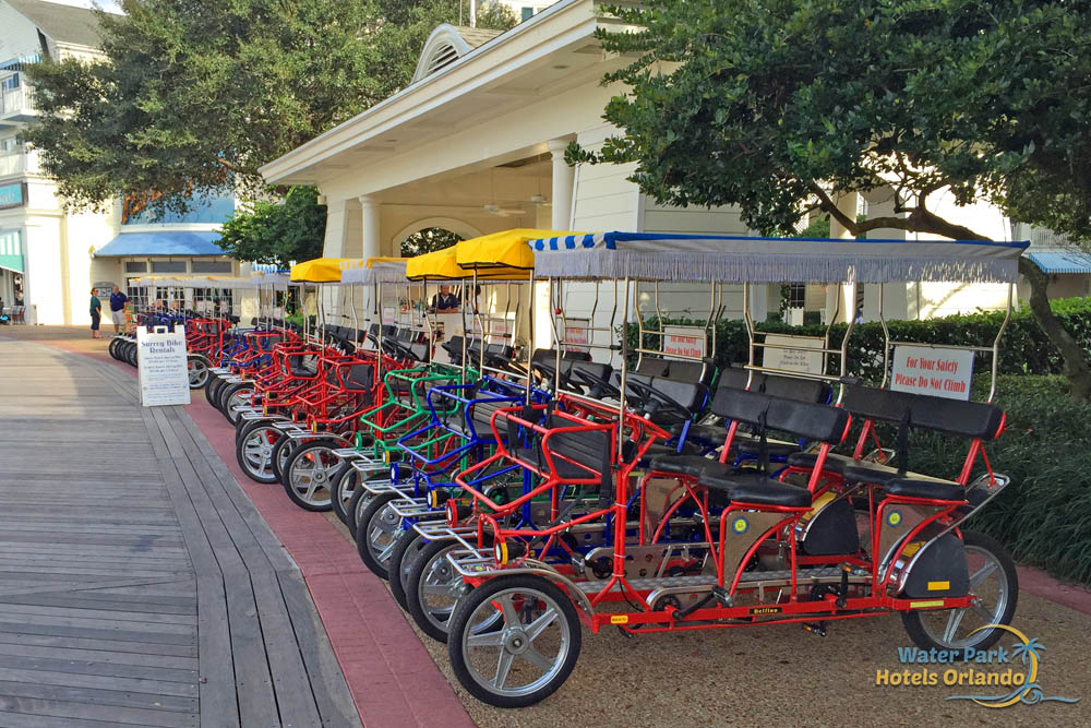 Line of Surrey Bikes on the Boardwalk of the Disney Boardwalk Inn 1000