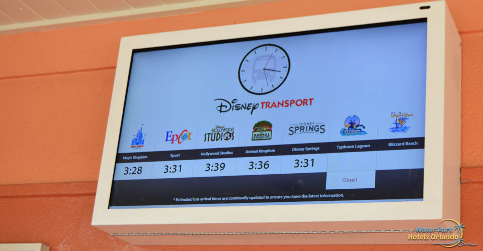 Shuttle Bus Stop pickup times at the Disney Caribbean Beach Resort in Orlando