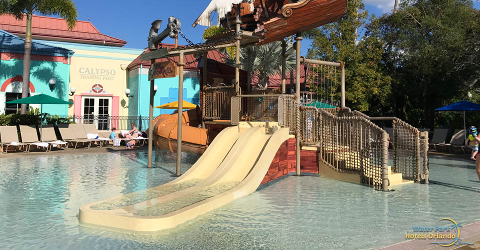 Water Slides at the Kids splash park at the main Family Pool at Disney Caribbean Beach Resort 960