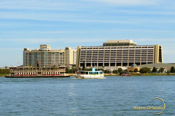 Disney Contemporary Resort view from the Seven Seas Lagoon on a boat 600