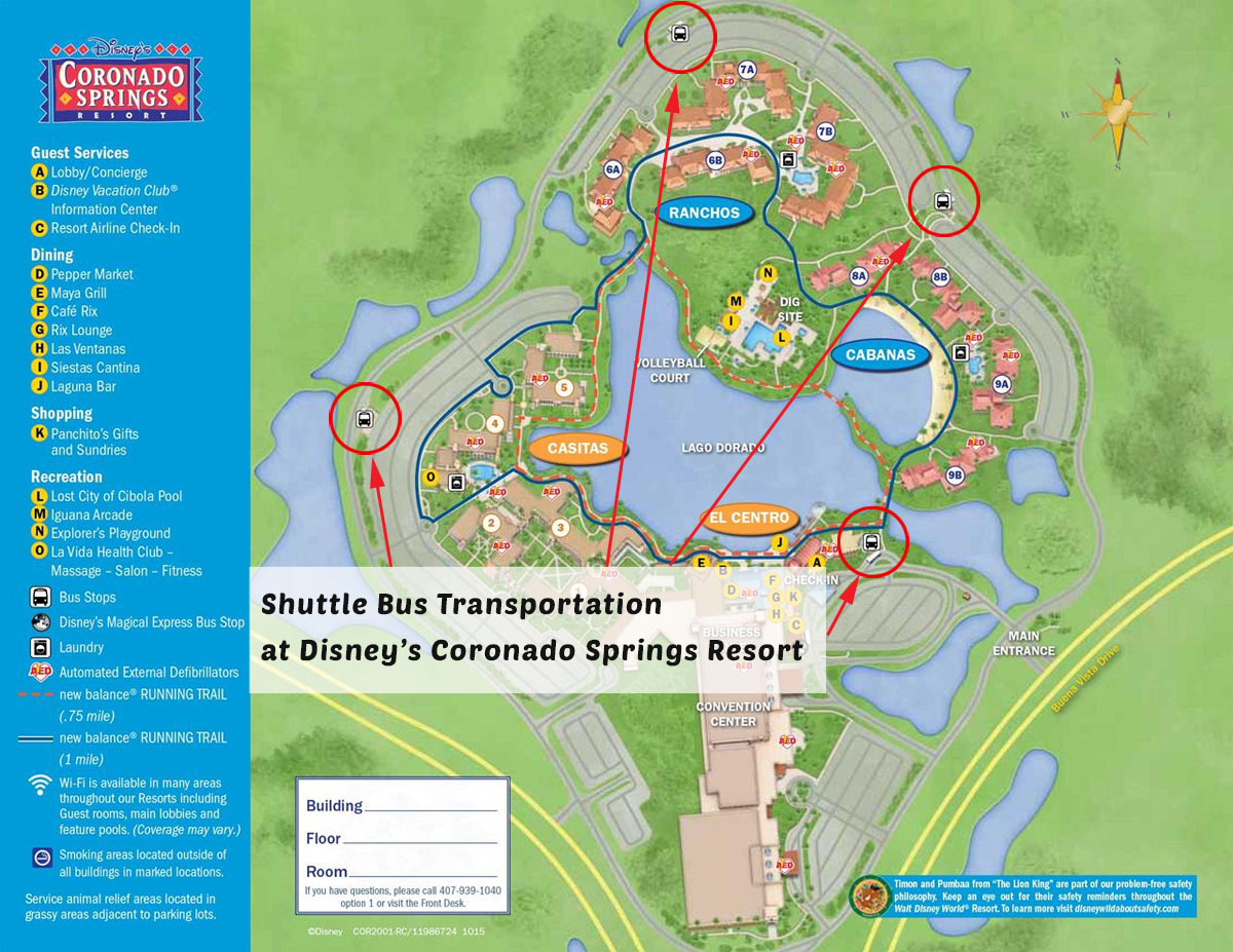 Bus Stops marked on a map of the Disney Coronado Springs Resort