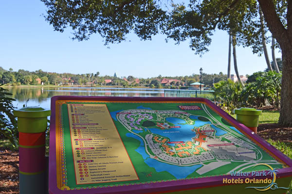 Map of Disney Cornado Springs Resort on walking path overlooking Lago Dorado Lake