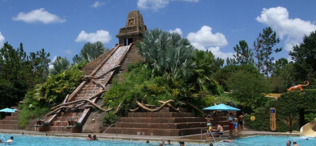 View of the stairs that climb the Great Mayan Temple that Houses the Large Water Slide at Disney Coronado Springs
