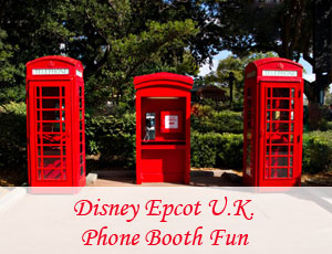 View of the 3 phone booths in the United Kingdom section of Epcot in Orlando Florida