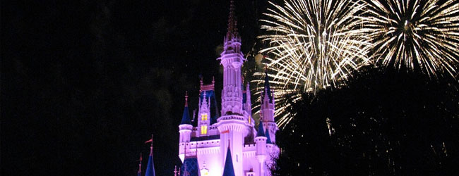 View of the Cinderella Castle at Disney World with Fireworks in the background