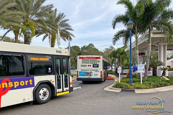 Buses lined up at the pickup station in front of lobby at Disney Old Key West Resort 600