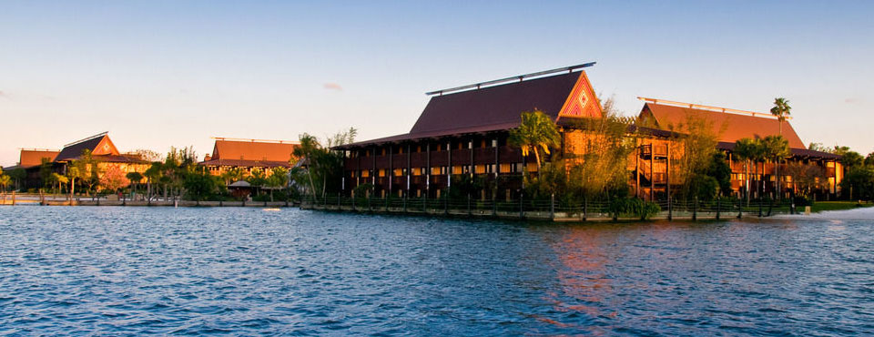 Disney Polynesian Deluxe Resort view from the water wide