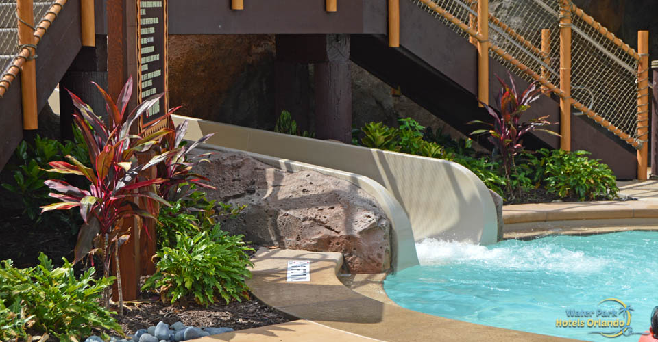Close up of the splash zone of the big water slide at the lava pool at Disney Polynesian Resort 960