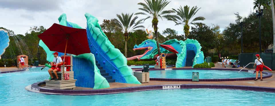 View of the main pool area with Serpent Water Slide at the Disney New Orleans Resort French Quarter 960
