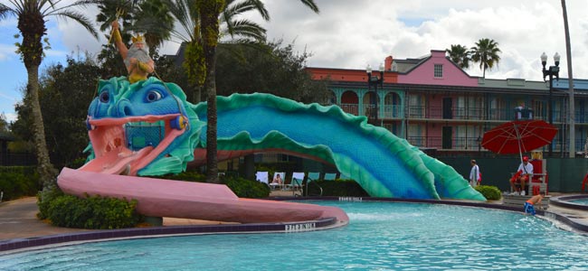 Full view of serpent water slide at the French Quarter