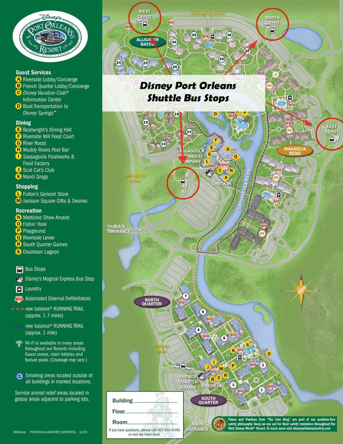 Disney Port Orleans Riverside Full Resort Map with Shuttle Bus Stops Marked