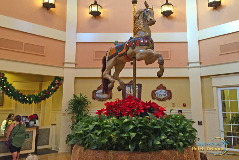 Horse on Carousel pole in the lobby of the Disney Saratoga Springs Resort 1000
