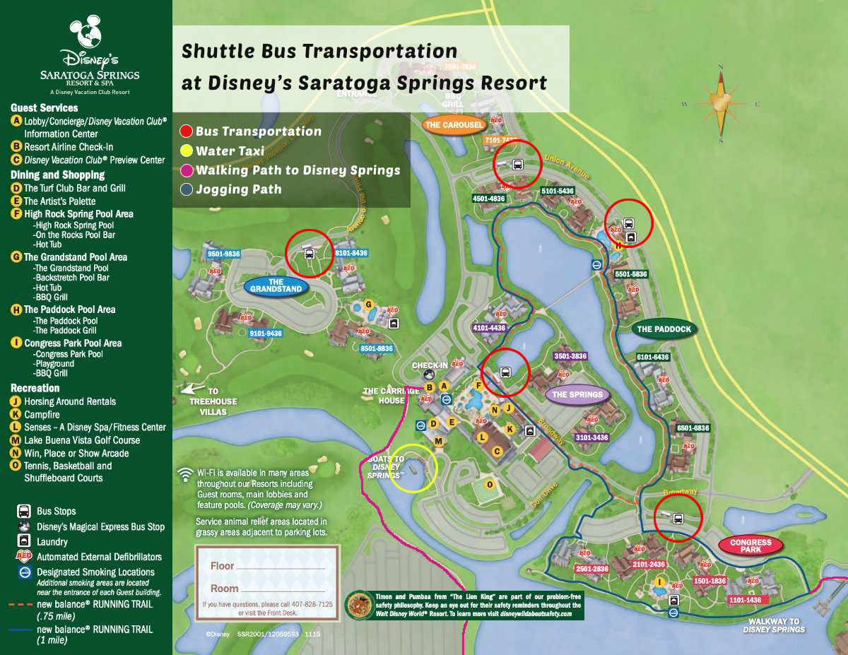 Map of Disney Saratoga Springs Resort with highlighted Transporation options
