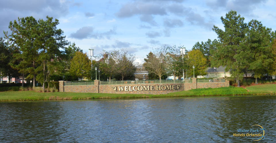 Welcome Home sign from the water on the banks of Disney Saratoga Springs Resort 960