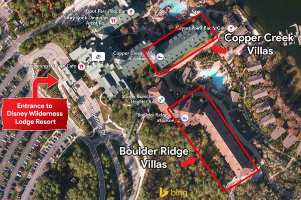 Bing map showing the layout of Boulder Ridge and Copper Creek Villas at the Disney Wilderness Lodge