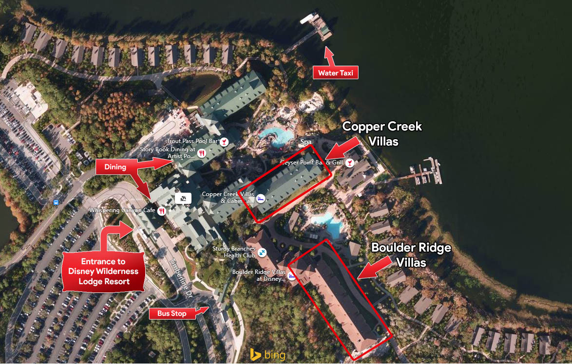 Bing map showing the layout of Boulder Ridge and Copper Creek Villas in relation to transportation and Dining at at the Disney Wilderness Lodge 600