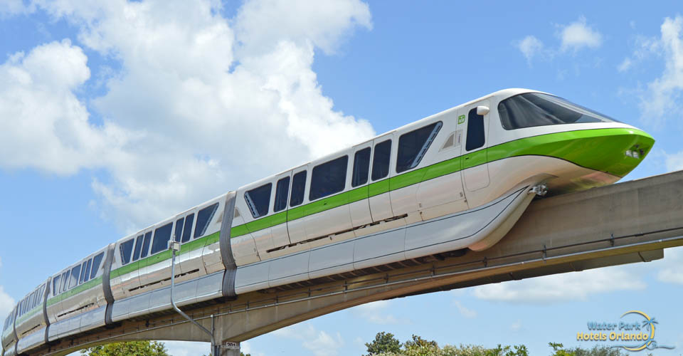 Green Monorail at Disney World above Epcot