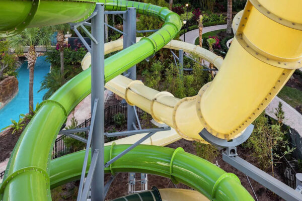 Tube Water slides heading down the Headwaters slide tower with multiple water slides at the JW Marriott Orlando Grande Lakes Water Park 1000
