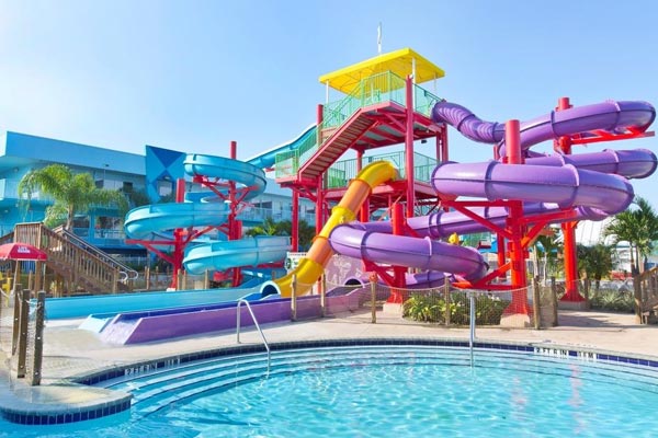 View of the cluster of water slides at the Flamingo Waterpark resort in Orlando Fl 600