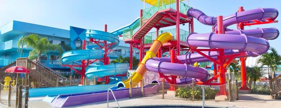 View of the cluster of water slides at the Flamingo Waterpark resort in Orlando Fl 960