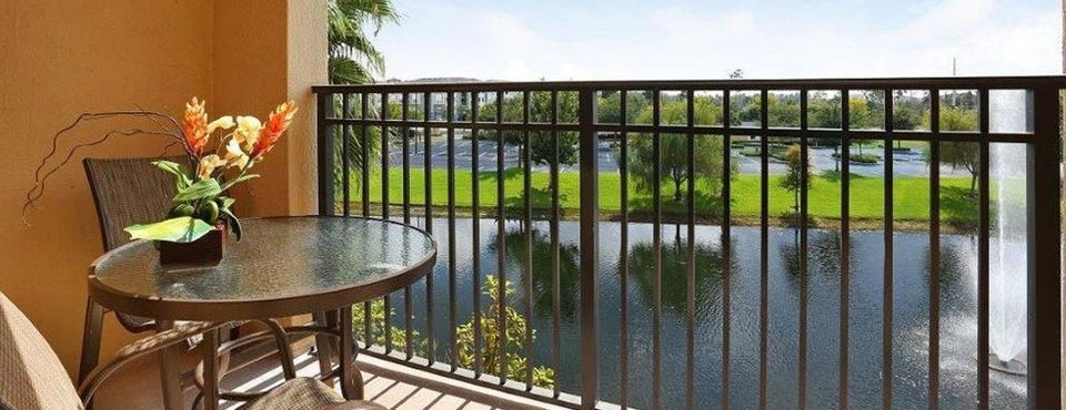 View of the lake surrounding the Floridays Resort in Orlando from your very own private Balcony