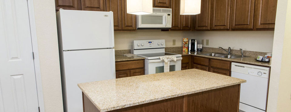 Full size kitchen in the 2 Bedroom Suite at the Floridays Resort in Orlando FL